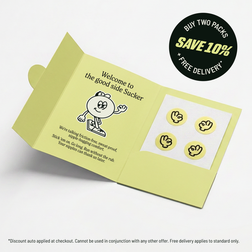An open Suckers pack showing a sheet of four anti-chafe nipple stickers alongside the printed welcome message and the Suckers mascot character