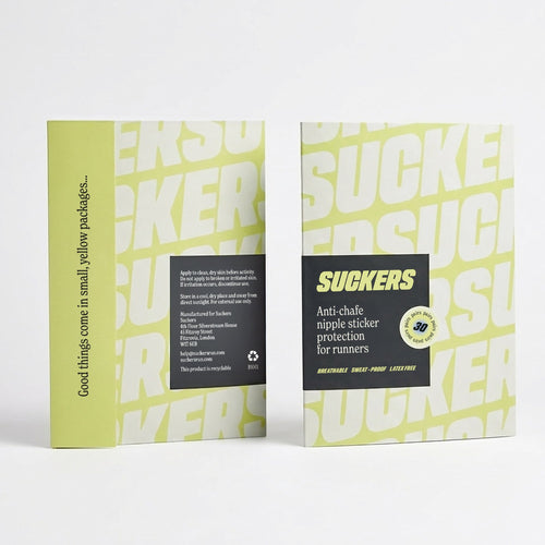 Two Suckers anti-chafe nipple sticker packs standing upright, showing the front of the pack and the reverse with usage instructions