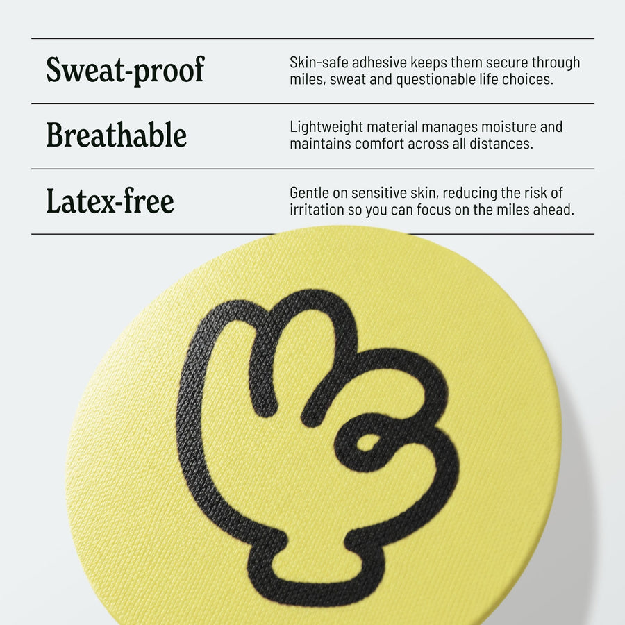 Close-up of a single yellow Suckers nipple sticker, listed above with its benefits: sweat-proof, breathable and latex-free